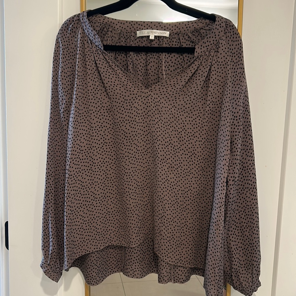 Ulla Johnson Brown Polka Dot Print V Neck Silk Long Sleeve Blouse sz 8